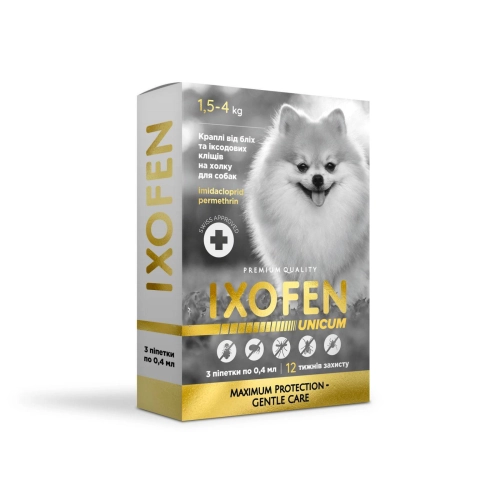 IXOFEN Краплі від бліх, іксодових кліщів та комарів на холку для собак до 4 кг