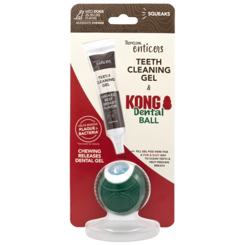 Enticers Kong Dental Ball Набір по догляду за ротовою порожниною, м'ячик та гель зі смаком копченої яловичої грудки для собак середніх порід