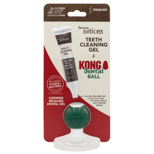 Enticers Kong Dental Ball Набір по догляду за ротовою порожниною, м'ячик та гель зі смаком копченої яловичої грудки для собак малих порід