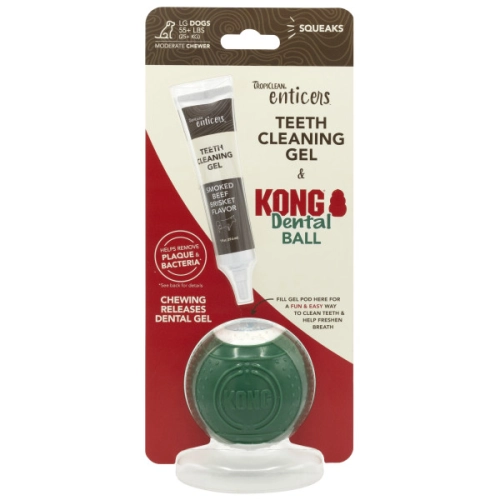 Enticers Kong Dental Ball Набір по догляду за ротовою порожниною, м'ячик та гель зі смаком копченої яловичої грудки для собак великих порід