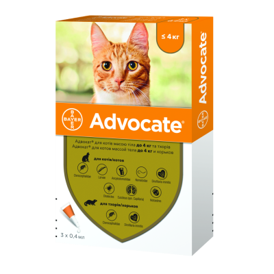 Засоби від паразитів - Advocate Краплі (0,4 мл) на холку для захисту котів до 4 кг від бліх, кліщів та гельмінтів