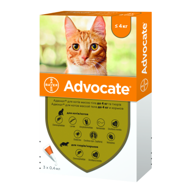Средства от паразитов - Advocate Капли (0,4 мл) на холку для защиты кошек до 4 кг от блох, клещей и гельминтов